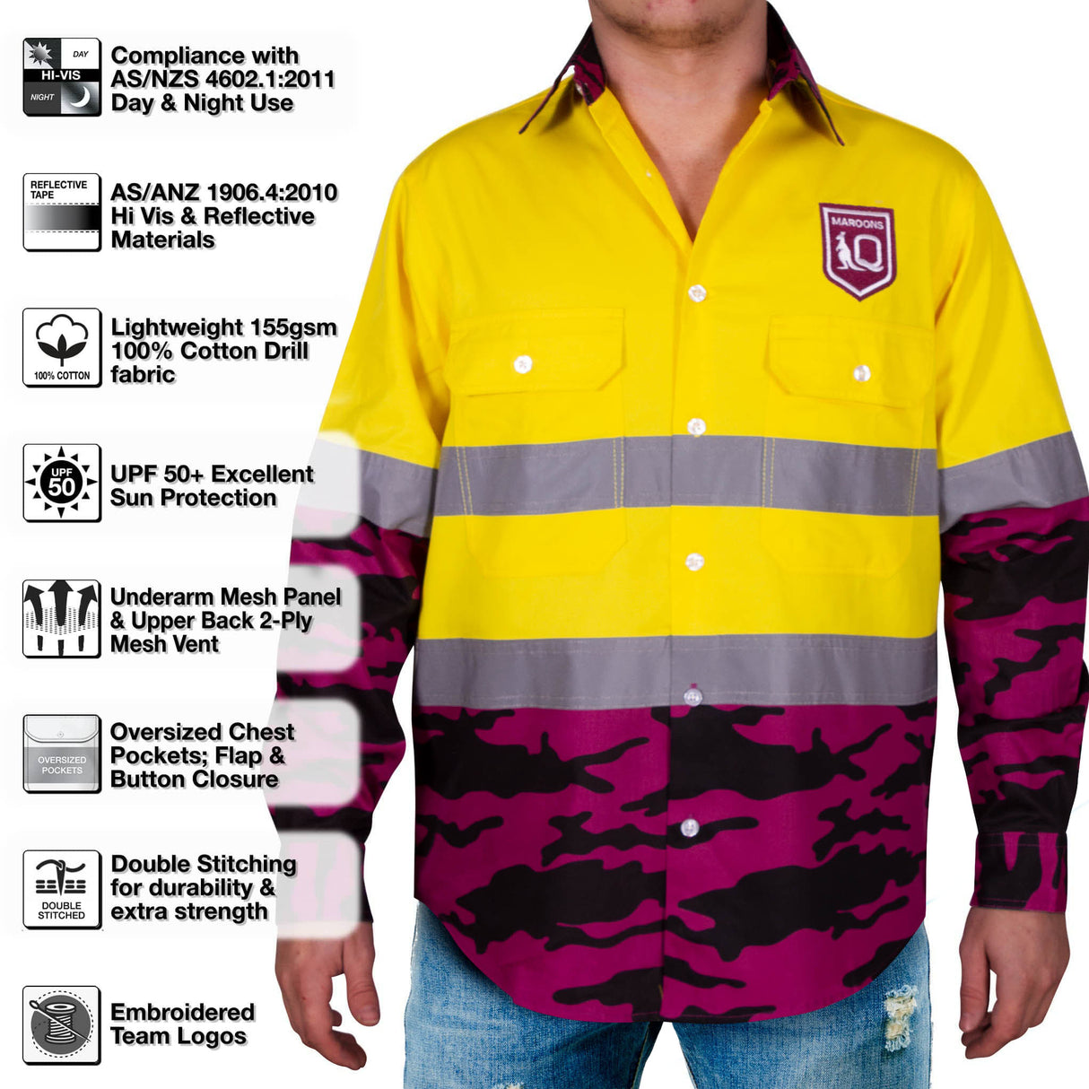 QLD Maroons 'Camo' Hi-Vis Work Shirt
